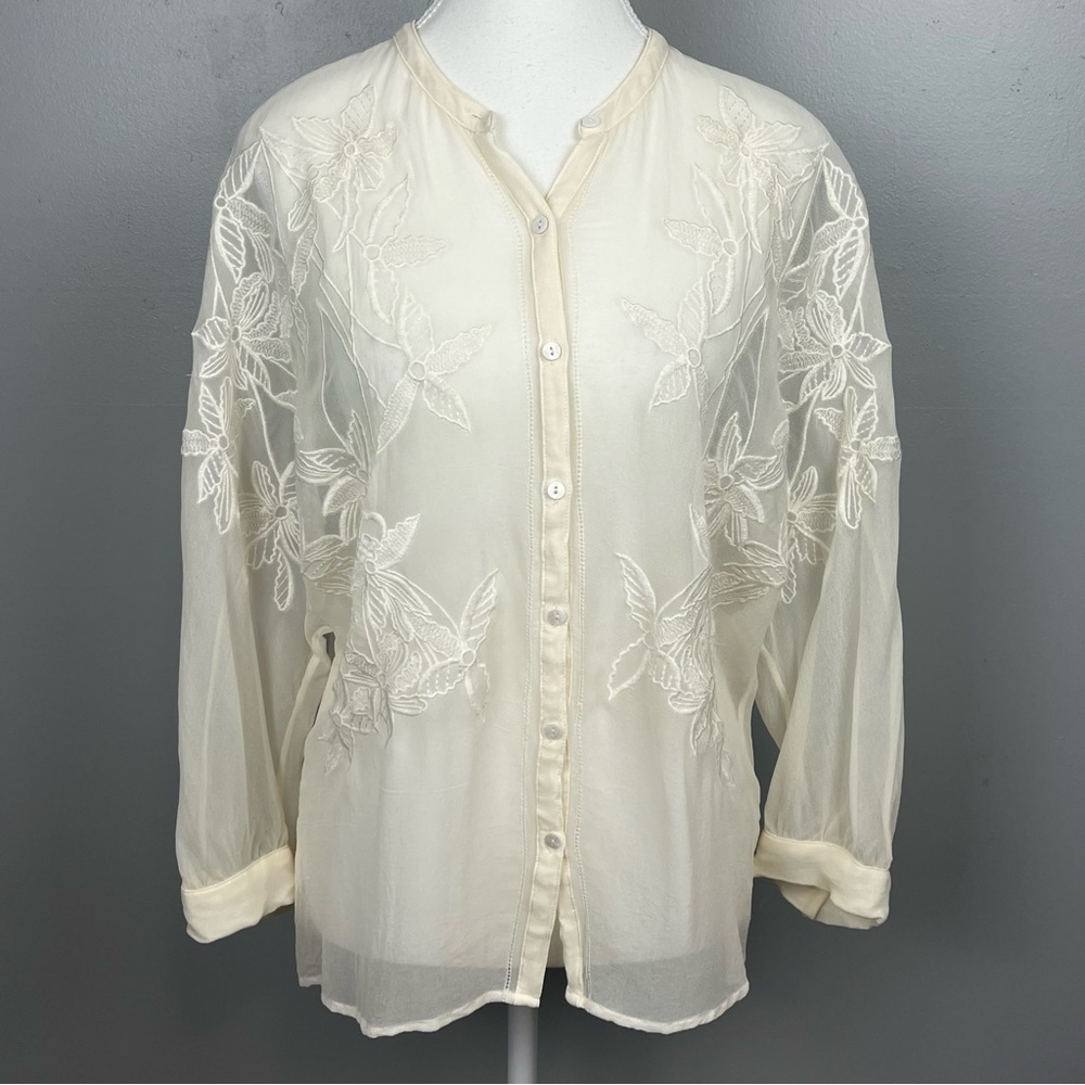 Sundance 100% silk ivory embroidered button up sheer overlay shirt, small.